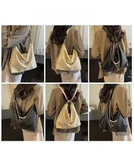 Detailed views of versatile tote bag showing metal chain and pearl accents in two colors
