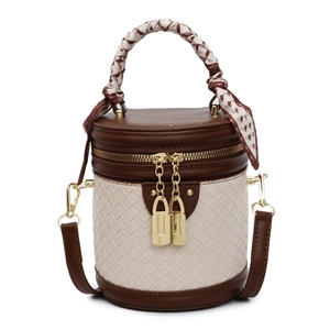 Chic woven contrasting bucket bag with silk scarf handle and leather crossbody strap