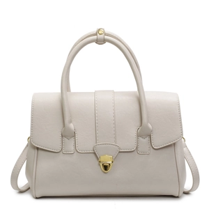 Elegant cream white top handle satchel with gold shield lock and adjustable strap