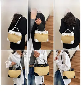 Detailed model views of woven straw tote bag with bow lock and leather strap