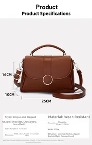 Detailed size chart for brown leather handbag showing 25x16x10cm dimensions and strap length