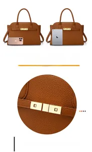 Close-up of brown litchi pattern leather tote with gold hardware and size comparison