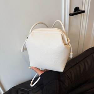 Minimalist white lychee grain PU leather small square bag with drawstring and top handles