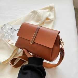 Brown lychee leather crossbody bag with wide strap and gold buckle for women