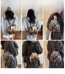 Detailed views of a mini denim backpack showing different carrying styles and angles