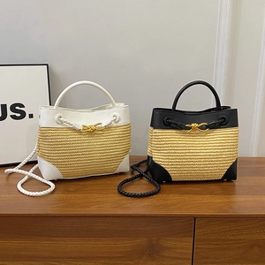 Straw Woven Handbag With PU Leather Trim Golden Knot Buckle Summer Beach Shoulder Crossbody Bag Retro French Style Women