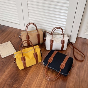Sac Boston Femme Rétro Toile Surpiqûre Cuir PU Couleur Contrastée Sac À Main Sac Bandoulière Style Mode Décontracté