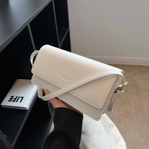 French style white PU leather baguette bag with flap cover and thin shoulder strap