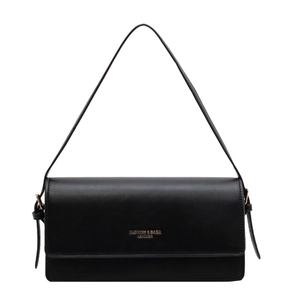 Classic black faux leather baguette shoulder bag with gold lettering and slim strap