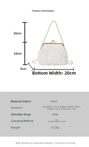 Detailed spec sheet showing white lace floral evening bag with pearl handle dimensions