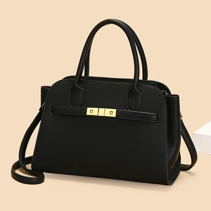 Classic black litchi pattern leather tote bag with elegant gold metal buckle and dual handles