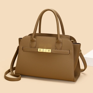 Brown litchi grain tote bag with gold hardware and removable shoulder strap