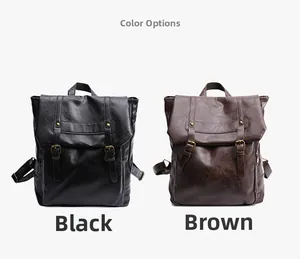 Dual view of vintage leather backpacks in black and coffee with buckle flap closure