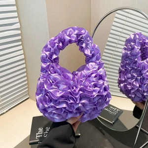 Chic purple pleated satin mini handbag with elegant ruffles for evening or daily use