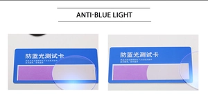 Detail view of anti-blue light clear circular lenses with functional test card demonstration