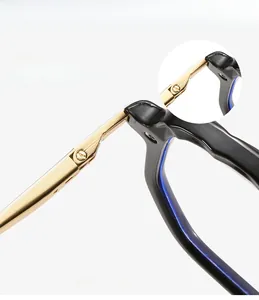 Detail of durable metal hinge and mortise temple structure on TR90 glasses frame