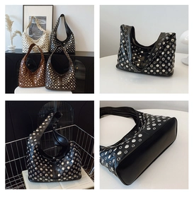 Vues détaillées du sac hobo en cuir avec œillets métalliques en noir, beige et marron