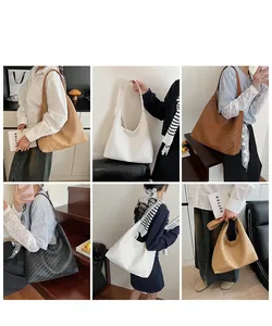 Collage of large woven PU tote bags in various colors showing model outfit styles