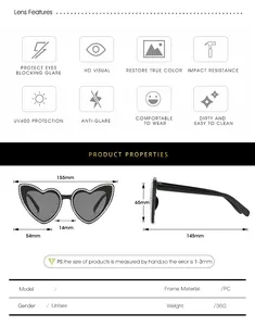Tableau des tailles détaillé pour lunettes de soleil cœur en strass avec protection UV400