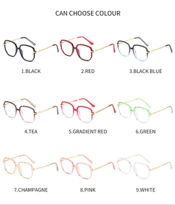 Detail of TR90 anti-blue light glasses showing multiple color options and metal temples