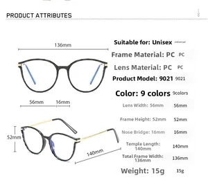 Detailed size specifications for vintage round TR90 anti-blue light glasses frame