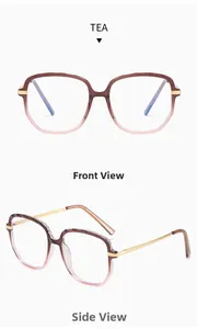 Detail view showing front and side of tea gradient TR90 frames with gold metal temples