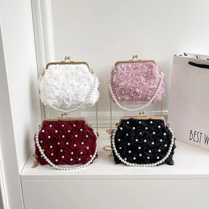 Floral Artificial Pearl Evening Bag For Women Elegant Wedding Party Clutch Vintage Kiss Lock Handbag With Artificial Pearl Handle And Chain