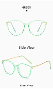 Detail view of green transparent retro round glasses with metal temples and wavy rim
