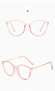 Front and side views of pink TR90 round frame glasses with golden metal temples