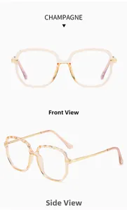 Detail view of champagne TR90 blue light glasses with faceted frame and metal temples