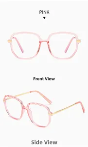 Front and side views of pink TR90 anti-blue light glasses with metallic gold temples