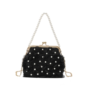 Elegant black lace flower handbag with pearl accents and gold metal clasp for evening wear