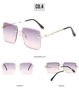 Détails multi-angles de lunettes de soleil sans monture dégradé violet et branches dorées