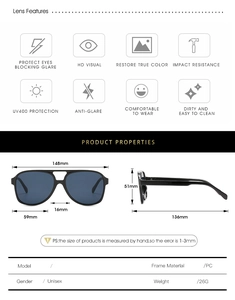 Detailed size specifications and technical features for retro pilot sunglasses