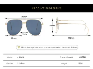 Tableau des tailles détaillé pour lunettes aviateur avec monture en métal unisexe