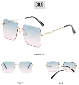Vues détaillées multi-angles de lunettes de soleil carrées sans monture avec branches dorées