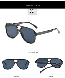 Three-view display of classic aviator sunglasses with black frame and dark lenses
