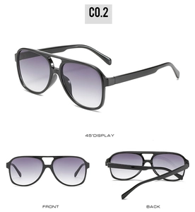 Classic aviator sunglasses with black frames and purple gradient lenses seen from three angles