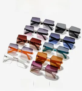 Detailed overhead view of rimless square sunglasses in nine gradient color variations