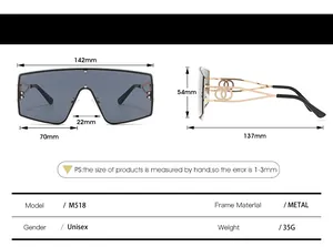 Detailed technical chart showing dimensions and metal frame specs for oversized sunglasses