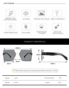 Detailed sizing chart and technical specifications for frameless square sunglasses
