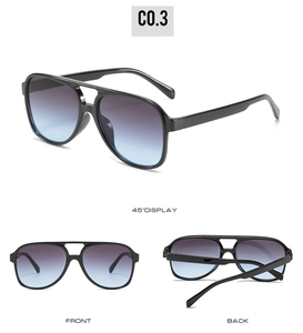 Three-angle view of vintage pilot sunglasses with black frames and blue-purple gradient lenses