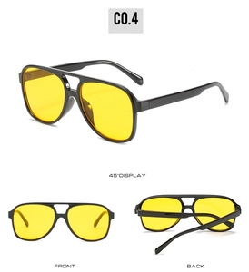 Three-angle views of retro pilot sunglasses with yellow lenses and double bridge frame