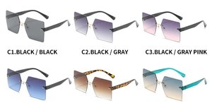 Detailed grid showing six stylish rimless square sunglasses in multiple color gradients