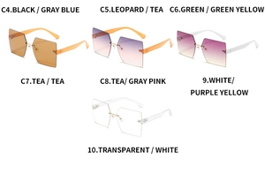 Selection of rimless square sunglasses in gradient tea, pink, and blue with gold accents