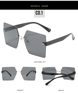 Detailed multi-angle views of rimless square sunglasses with dark grey lenses and gold accents