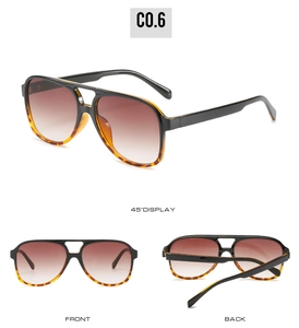 Detailed views of aviator sunglasses with black and tortoise frames and brown lenses