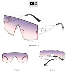 Three views of oversized square shield sunglasses with purple gradient lenses and metal arms