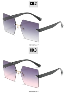 45-degree view of rimless square sunglasses showing purple gradient lenses and gold bridge