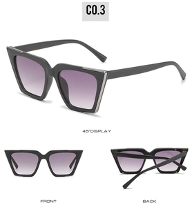Vue sous trois angles de lunettes de soleil œil de chat avec verres dégradés violets
